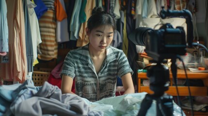 Asian women selling clothes online at home She was measuring the size of the shirt while broadcasting it live on social media.