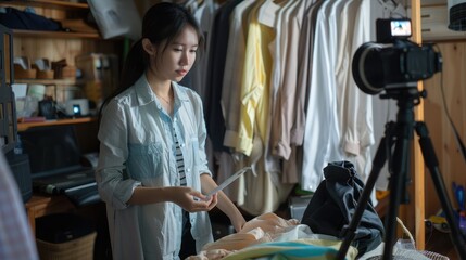 Fototapeta na wymiar Asian women selling clothes online at home She was measuring the size of the shirt while broadcasting it live on social media.