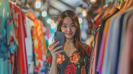 Fototapeta premium Beautiful Asia woman Live streaming selling clothes online with smartphone at her shop. Small business owner, online market concept.