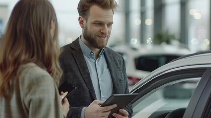 Beautiful young woman is talking to handsome bearded sales manager while choosing a car in dealership. Man is using a digital tablet