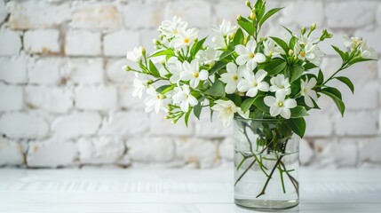 Bouquet of beautiful jasmine flowers in glass vase near white brick wall indoors