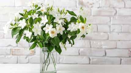 Bouquet of beautiful jasmine flowers in glass vase near white brick wall indoors