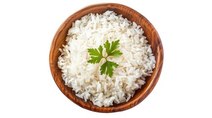 bowl of boiled rice isolated on white background, top view