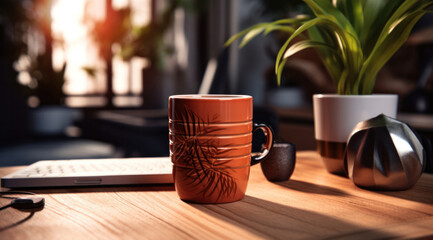 The brown ceramic cup and the flower pot are on the table, generative AI