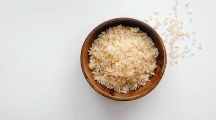 bowl of boiled rice isolated on white background, top view