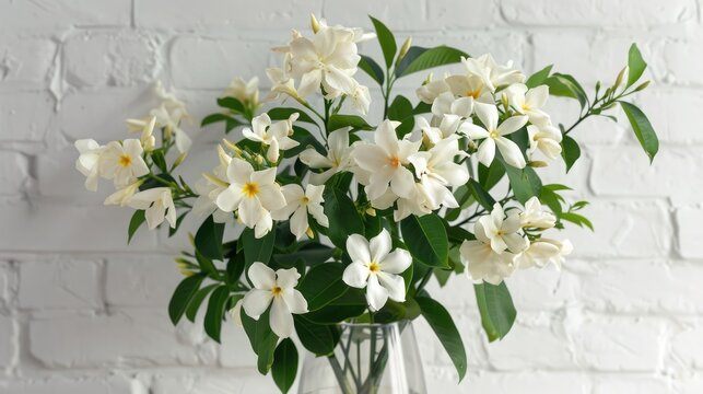 Bouquet of beautiful jasmine flowers in glass vase near white brick wall indoors