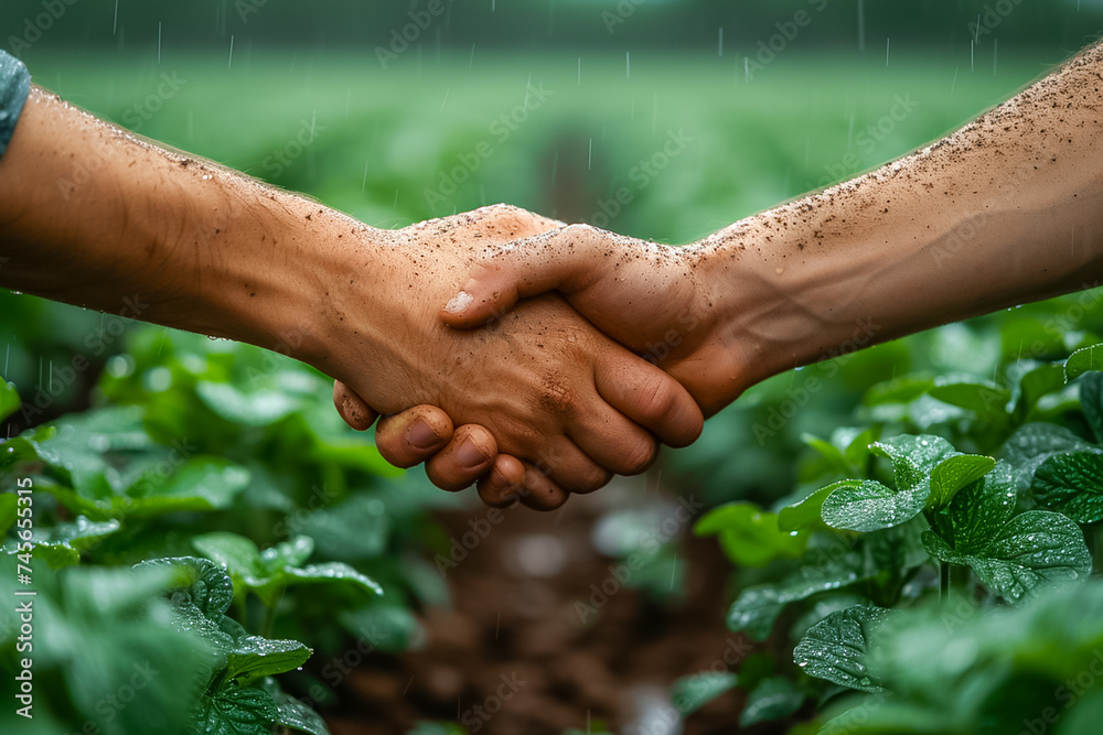 Wall mural handshake two farmer on the background of a field. the concept of the agricultural business