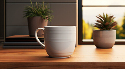 A white ceramic cup and two flower pots are on the wooden table, generative AI