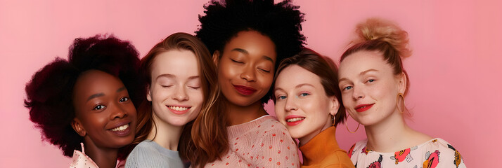 Four women of different nationalities on a pink background - obrazy, fototapety, plakaty