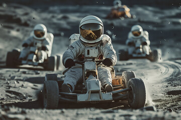 Astronauts racing rovers on the moon