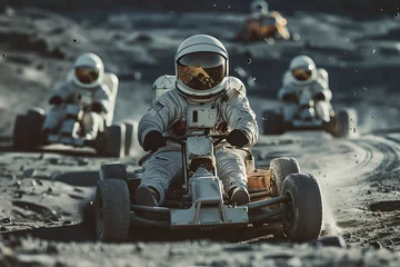 Papier Peint photo autocollant Moto Astronauts racing rovers on the moon