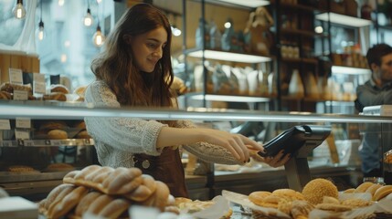 Cinematic shot of young friendly saleswoman passing pos terminal over counter to customer paying with smartphone using NFC technology in bakery shop.