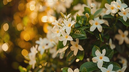 close up of jasmine flowers on a bush in a garden