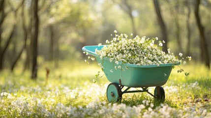 wheelbarrow. spring is coming concept. Generative AI	 - obrazy, fototapety, plakaty