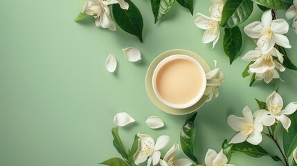 Composition with cup of jasmine milk tea and flowers on green background