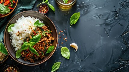 Cooked rice and Thai Basil Minced beef,Stir fired ground beef with garlic and basil leaf in chilli sauce (Pad Kra pao).Top view - obrazy, fototapety, plakaty