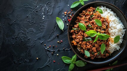 Cooked rice and Thai Basil Minced beef,Stir fired ground beef with garlic and basil leaf in chilli sauce (Pad Kra pao).Top view - obrazy, fototapety, plakaty