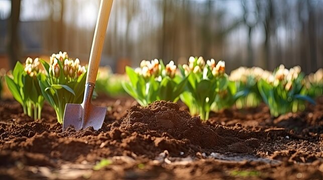 Gardening tool and tulips. Shovel in soil outdoors, space for text. Generative AI