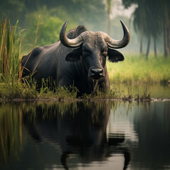 Fototapeta premium World Wetlands Day | Asian Water Buffalo Finding Serenity in a Lush Wetland 