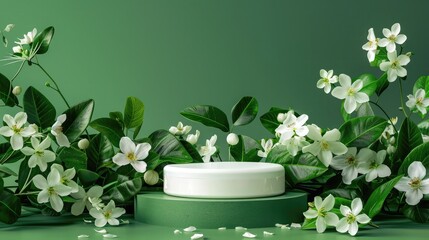 Empty podium for product placement at green background with jasmine flowers and leaves. Merchandise...
