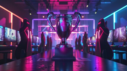 eSports Winner Trophy Standing on a Stage in the Middle of the Computer Video Games Championship Arena. Two Rows of PC for Competing Teams. Stylish Neon Lights with Cool Area Design. - obrazy, fototapety, plakaty