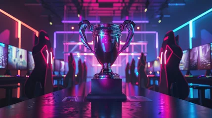 Foto op Canvas eSports Winner Trophy Standing on a Stage in the Middle of the Computer Video Games Championship Arena. Two Rows of PC for Competing Teams. Stylish Neon Lights with Cool Area Design. © buraratn