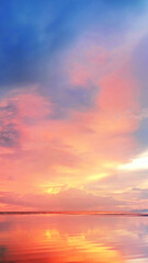 Sea sunset, ocean sunrise, tropical island beach nature landscape, soft red pink clouds, blue sky,...