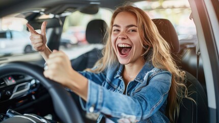 Excited young Caucasian woman celebrating successful car purchase, gesturing YES while sitting inside auto salon at dealership, copy space. Overjoyed milennial lady buying new vehicle at showroom