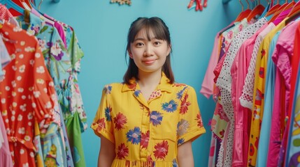 Fashion blogger concept, Young Asian women hold clothes to present and selling on video streaming.