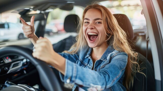Excited young Caucasian woman celebrating successful car purchase, gesturing YES while sitting inside auto salon at dealership, copy space. Overjoyed milennial lady buying new vehicle at showroom
