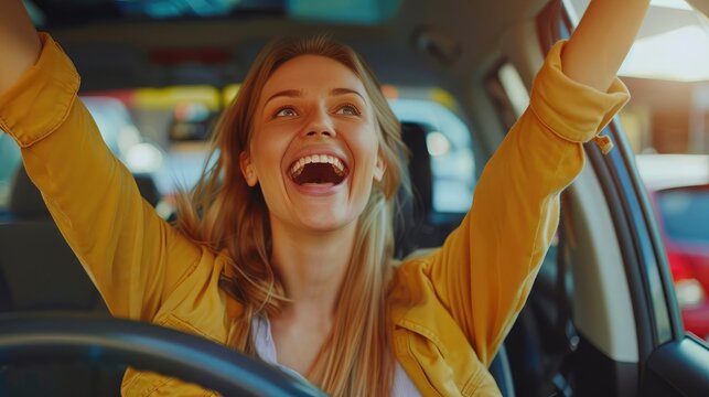 Excited young Caucasian woman celebrating successful car purchase, gesturing YES while sitting inside auto salon at dealership, copy space. Overjoyed milennial lady buying new vehicle at showroom