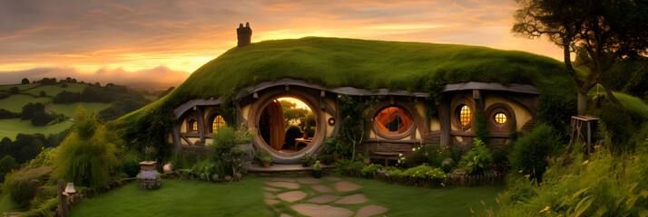A Fairy-Tale Picture of a Tranquil Hobbit House Nestled Within Lush Greenery - obrazy, fototapety, plakaty