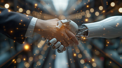 人間とロボットが握手をする