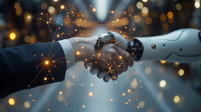 人間とロボットが握手をする