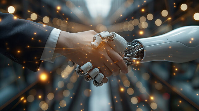 人間とロボットが握手をする