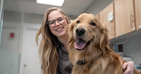 A young veterinarian in glasses is seen happily petting a healthy golden retriever in a modern veterinary clinic, both looking at the camera and smiling