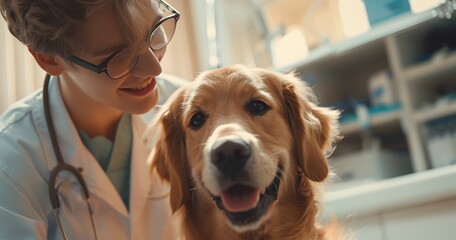 A young veterinarian in glasses is seen happily petting a healthy golden retriever in a modern veterinary clinic, both looking at the camera and smiling