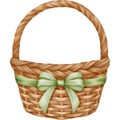 An Easter basket is depicted in this PNG clipart image, with a green ribbon tied around it.