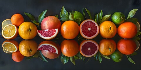Elegant Arrangement of Colorful Citrus Fruits on Reflective Surface. Concept Fruit Photography, Styling Citrus, Reflective Surfaces, Food Styling, Colorful Arrangements
