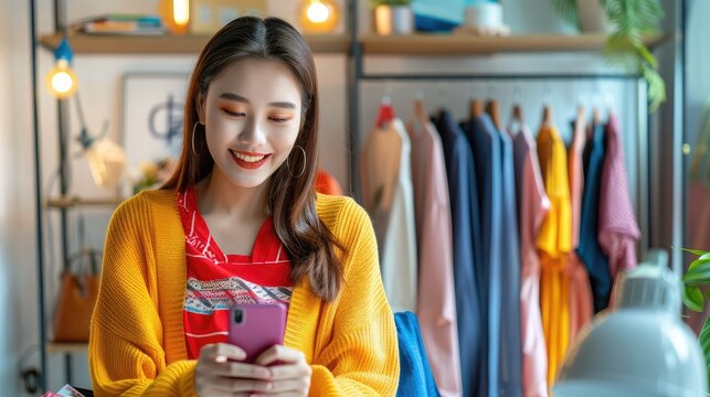 Purchase shopping and Remote buying concept.Asian beautiful female sell cloth product online live streaming at home.Young woman use mobile phone video call shows goods to customer and present