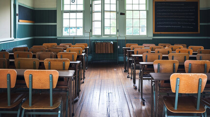 Empty Classroom. Classroom Interior Vintage Wooden Lecture Wooden Chairs and Desks. Generative Ai