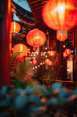 chinese lanterns at night, generative ai
