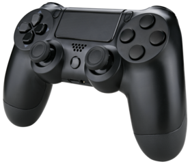 Black game controller isolated on a transparent background. Completely in focus.