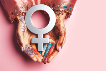 Female hands with henna tattoo hold female gender symbol with copy space for text. - obrazy, fototapety, plakaty