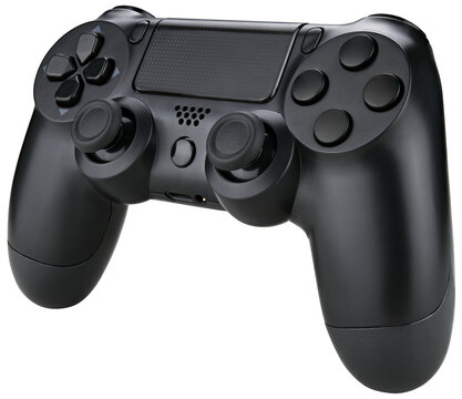 Black game controller isolated on a transparent background. Completely in focus.
