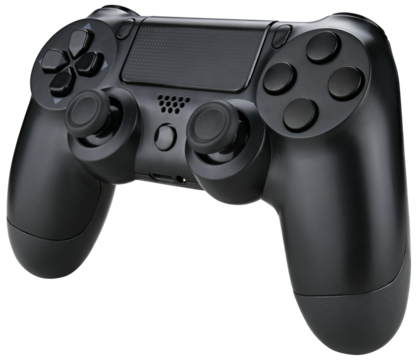 Black game controller isolated on a transparent background. Completely in focus.