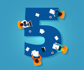 Number 5. Team works together at a table in the shape of the number five. Creative font.