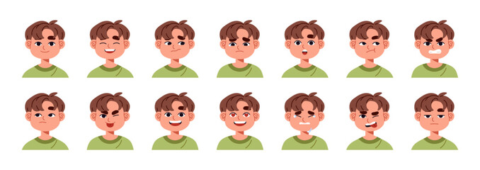 Boy facial expressions set. Kid avatars with different positive, negative emotions: sad, happy, angry, surprised. Various moods on children face. Flat isolated vector illustration no white background