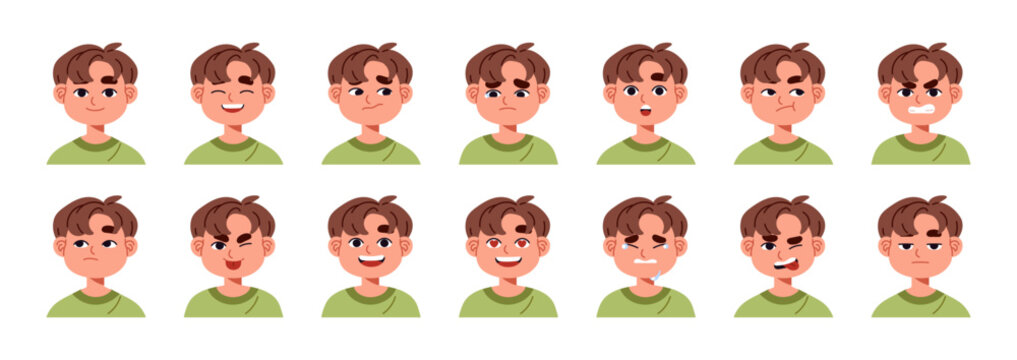 Boy facial expressions set. Kid avatars with different positive, negative emotions: sad, happy, angry, surprised. Various moods on children face. Flat isolated vector illustration no white background