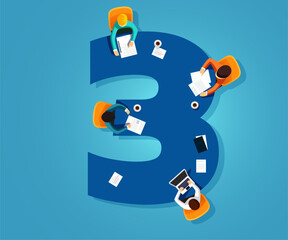 Number 3. Team works together at a table in the shape of the number three. Creative font.